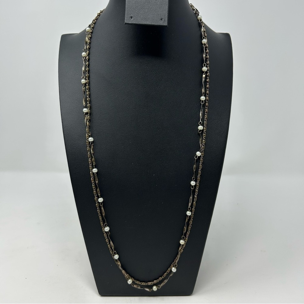 Classic Versatile Long Double Layered Gold Tone Chain with White Faux Pearls 26”